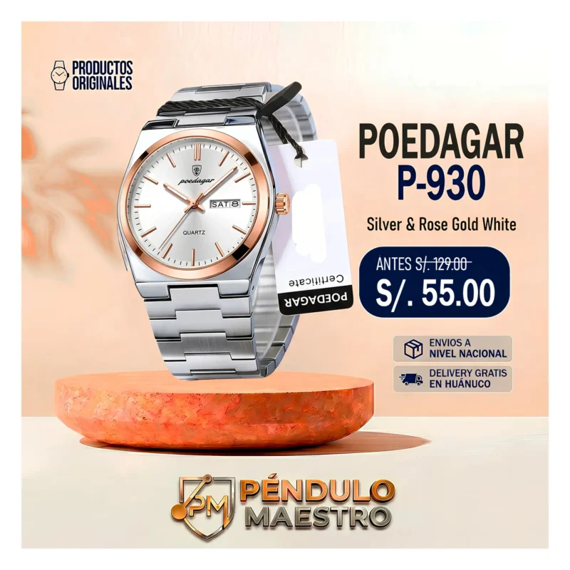 Reloj Poedagar 930 Classic - Acero Inox, Esfera Blanca y Detalles Oro Rosa